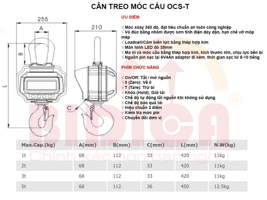 Ưu điểm Cân treo móc cẩu OCS-T 3 tấn 